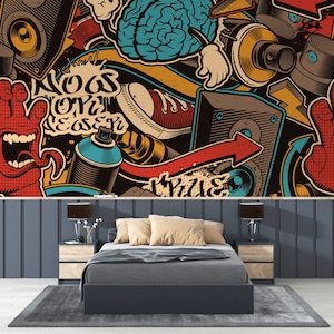 Graffiti Wallpaper for Kids - Teen Room Decor - Urban Wallpaper Kids - Colorful Wallpaper - Cool Graffities in NY - WIV 750