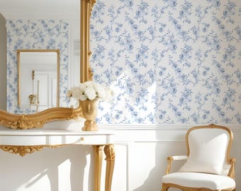 Blue Toile Wallpaper, Coquette Aesthetic, Grandmillennial, Granny Chic Peel and Stick, Non-Woven Paper WIV - 958
