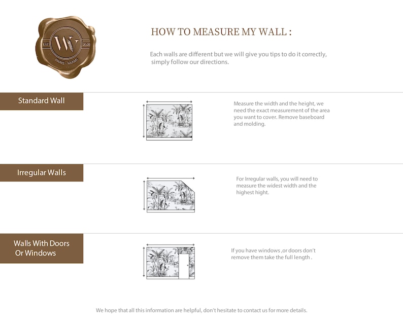 May include: A guide on how to measure a wall for wallpaper, with illustrations of different wall types: standard, irregular, and walls with doors or windows. The text explains how to measure each type of wall.