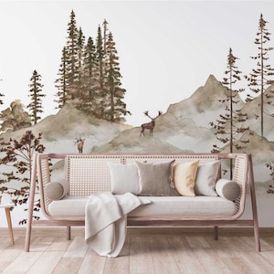Winter Mountain Wallpaper, Watercolor Forest Landscape Wall Mural, Kids Room Removable Wallpaper, Watercolor Deer Wallpaper WIV 330