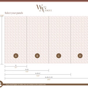 May include: Diagram showing how to create a custom size wall mural with four panels. The panels are labeled A, B, C, and D. The measurements for each panel are shown in inches. The text "Select your panels" is at the top of the diagram.