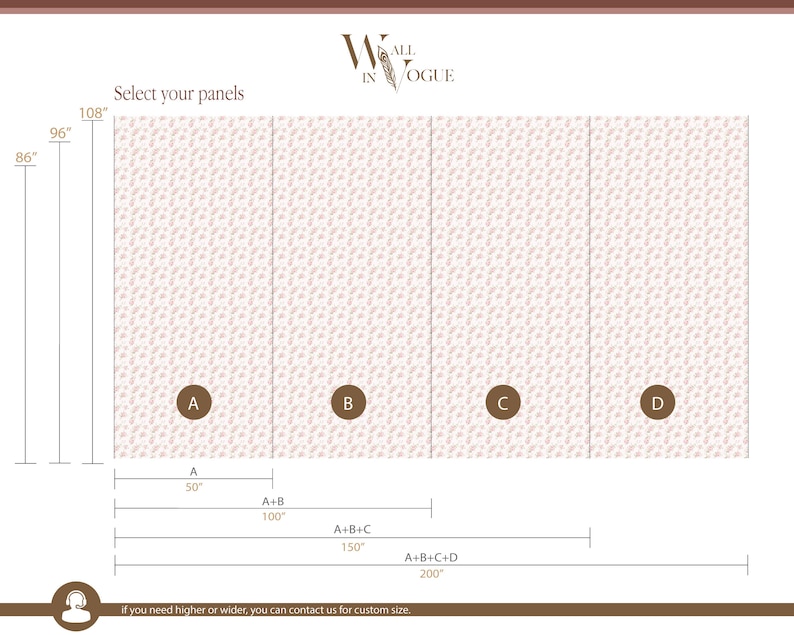May include: Diagram showing how to create a custom size wall mural with four panels. The panels are labeled A, B, C, and D. The measurements for each panel are shown in inches. The text "Select your panels" is at the top of the diagram.