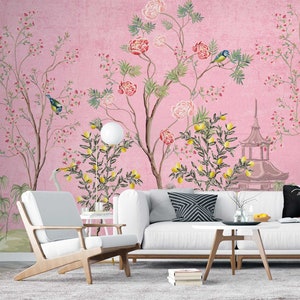 Decoración china en rosa Papel pintado japonés Mural de pared de limonero Papel pintado de decoración asiática No tejido o extraíble WIV 173 imagen 1