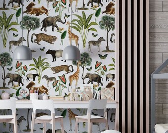 May include: A white wallpaper with a jungle animal print. The wallpaper features giraffes, zebras, elephants, leopards, tapirs, and palm trees. The wallpaper is in a room with a white table and chairs.