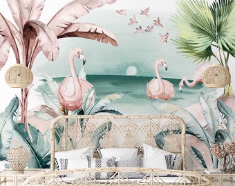 Flamingo Beach Wallpaper, Flamingo Tropical Jungle Wall Mural, Removable Self-Adhesive Wild Wallpaper, Exotic Wall Decor - WIV 307