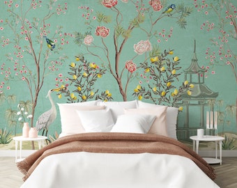 Chinese Decor - Chinoiserie Wallpaper - Floral Wallpaper - Crane Bird Wallpaper - Asian Wall Mural WIV 12