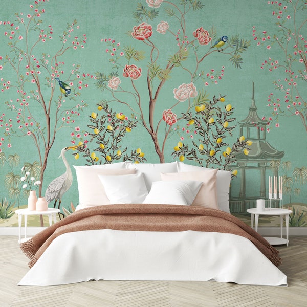 Chinese Decor - Chinoiserie Wallpaper - Floral Wallpaper - Crane Bird Wallpaper - Asian Wall Mural WIV 12