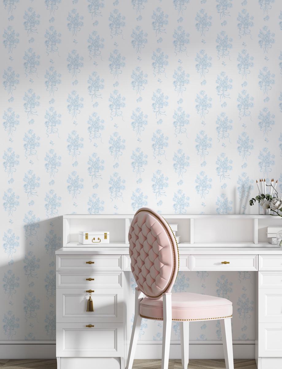 Blue Roses Bouquet Ribbon Lattice Wallpaper, Baby Girl Grandmillennial, Granny Chic, Ribbon Decor, Peel and Stick, Non-Woven Paper WIV - 967