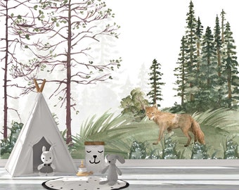 Forest Wall Mural - Fox Wall Mural - Kids Room Removable Wallpaper - Animal and Tree Wallpaper for Kids -Fox in Forest WIV 378