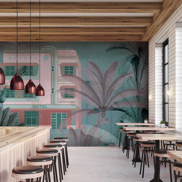 Palm Hotel - Tropical Wallpaper - Miami Beach Art Deco Wallpaper - Green Palm Wallpaper - Arches Wallpaper Navy Blue and Pink - WIV 319