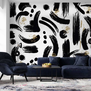 Black Abstract Brush Strokes Wallpaper, Self Adhesive Modern Wall Mural, Peel and Stick Artistic Wallpaper, Abstract Wall Art WIV 339