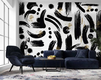 Black Abstract Brush Strokes Wallpaper, Self Adhesive Modern Wall Mural, Peel and Stick Artistic Wallpaper, Abstract Wall Art WIV 339
