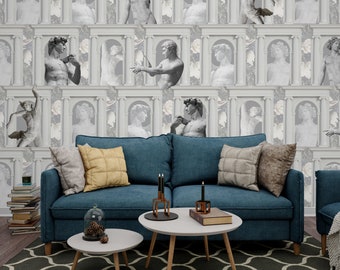 Retro Wallpaper, Greek Statues Antique Columns, Vintage Wallpaper, Greek Sculpture, Renaissance Wall Mural, Peel and Stick - WIV 880