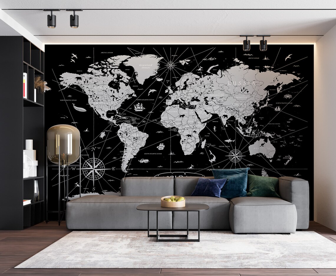 Atlas Map Wallpaper, Library Decor, Travel Map, Vintage World Map ...