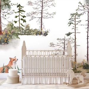 Winter Foggy Watercolor Forest Landscape Wall Mural, Kids Room Removable Wallpaper, Watercolor Fox and Trees Iced Wallpaper WIV 329