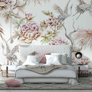 Crane Bird Wallpaper - Floral Bohemian Wallpaper - Japanese Wall Mural - Romantic Wallpaper - Pink Bird - Heron Romance in White WIV 359