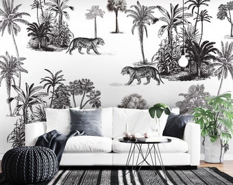 Tropical Black and White Wallpaper - Illustration Wall Mural - Tiger Wall Mural - Jungle Wall Mural - The Bengal Tigers Wallpaper - WIV 126