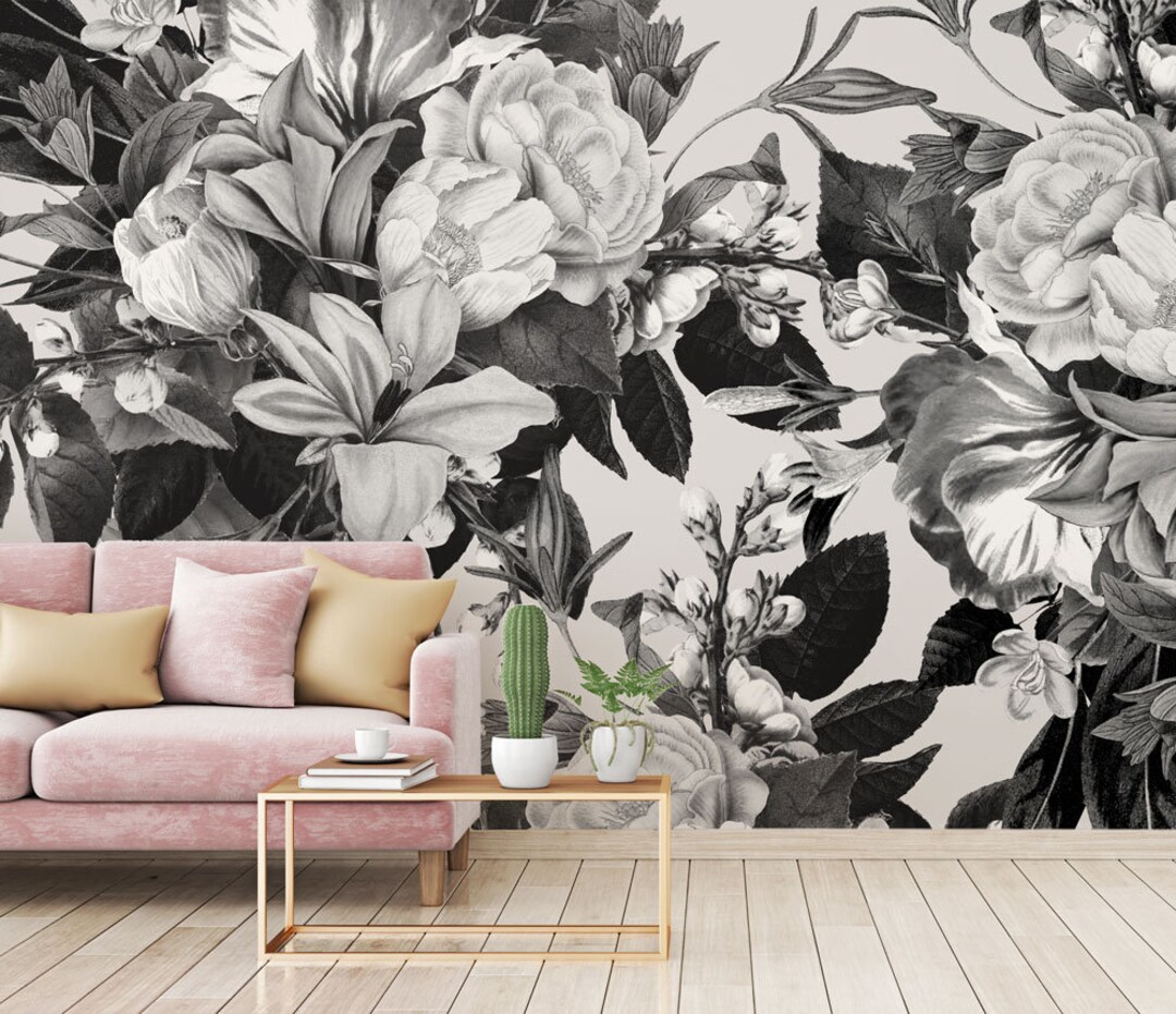 Between Leaves and Flowers black and White Floral Wall Mural Etsy