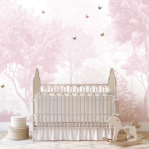 Pink Forest Landscape and Butterflies Wall Mural, Kids Room Removable Wallpaper, Pink Trees, Girls Room Wall Decor,  WIV 849