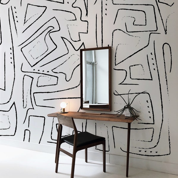 Abstract Figures Wallpaper, Black and White Minimalist Line Wallpaper, Line Art Wall Mural, Earthy Brush Stroke Line Wallpaper - WIV 344