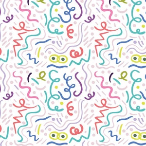 May include: A seamless pattern with a white background and colorful abstract shapes. The shapes are made up of lines, swirls, and dots in shades of pink, blue, green, yellow, and purple.