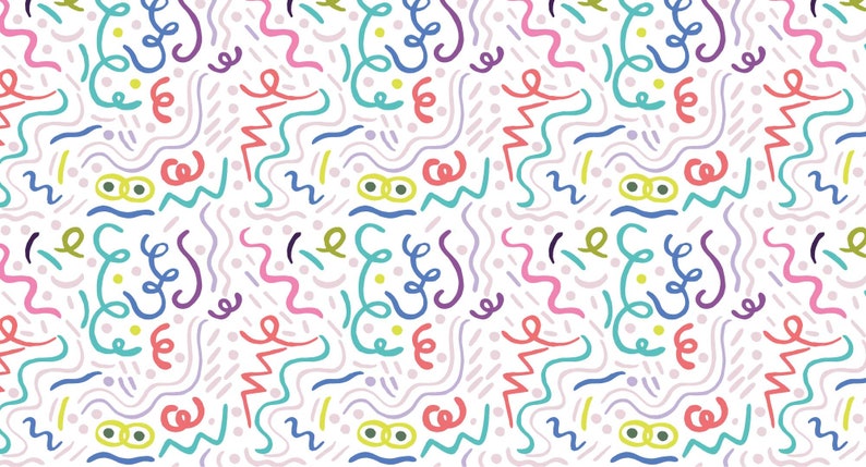 May include: A seamless pattern with a white background and colorful abstract shapes. The shapes are made up of lines, swirls, and dots in shades of pink, blue, green, yellow, and purple.