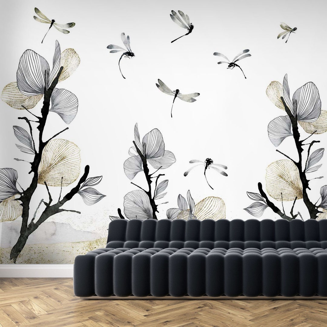 Black and Gold Dragonfly Wallpaper Lotus Wallpaper Removable Black and
