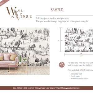 May include: A black and white sample of a wallpaper design featuring a forest scene with trees, plants, and cacti. The sample is 9 inches tall and 11 inches wide. The text "Wall in Vogue" is visible in the top left corner of the image.