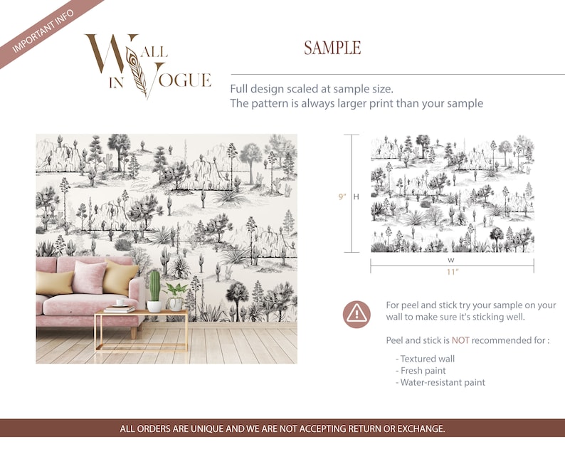 May include: A black and white sample of a wallpaper design featuring a forest scene with trees, plants, and cacti. The sample is 9 inches tall and 11 inches wide. The text "Wall in Vogue" is visible in the top left corner of the image.