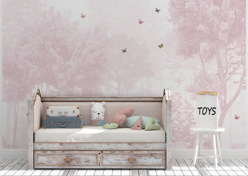 Pink Forest Landscape and Butterflies Wall Mural, Kids Room Removable ...