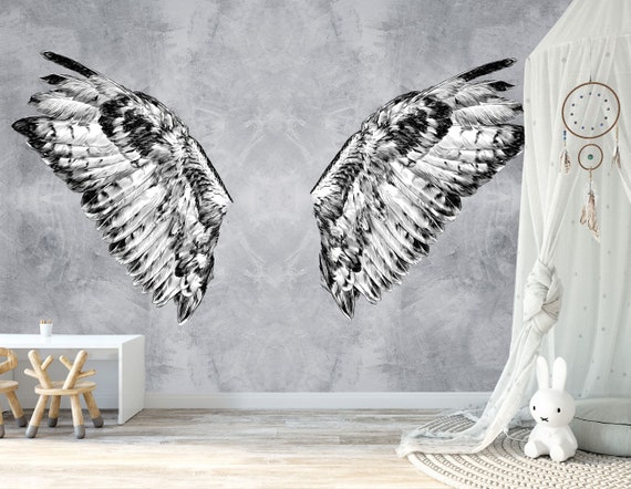 Bohemian Wings in Gray Wallpaper-angel Wings Wall Mural - Etsy