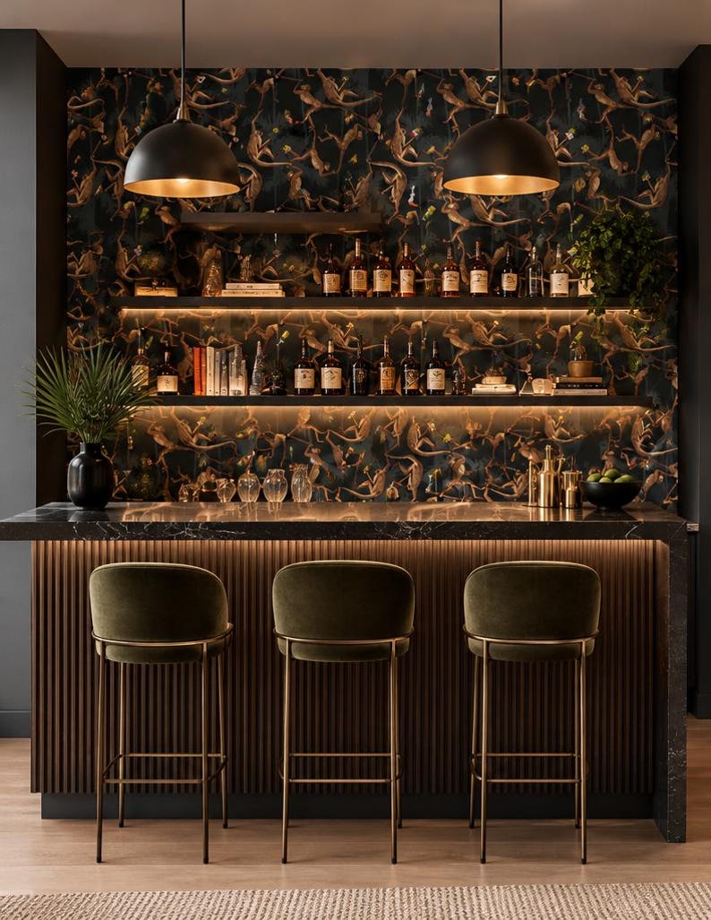 Monkey Cocktail Bar Wallpaper, Dark Tropical Wallpaper, Cabaret Wall ...