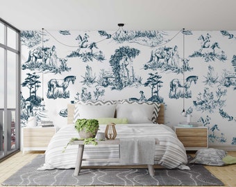 French Country Wallpaper - Available in Others Colors - French Toiles Wallpaper - Horse Castle Tree Wallpaper - Savoy - WIV 470