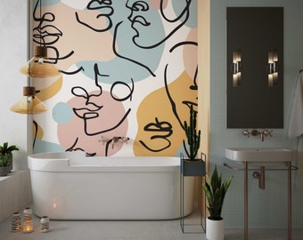 Muted Faces Wallpaper - Artistic Wall Mural - Faces Shapes with Colors - Art Line Wallpaper - WIV 475