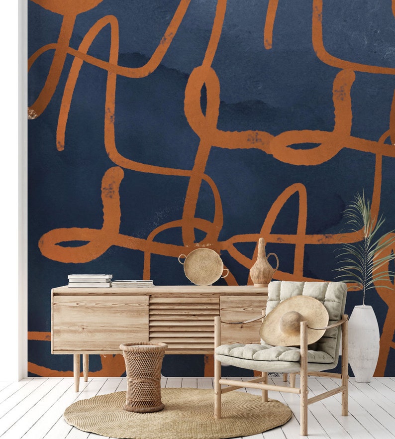 Terracotta Wallpaper Graphic Wallpaper Navy Blue Wall Etsy