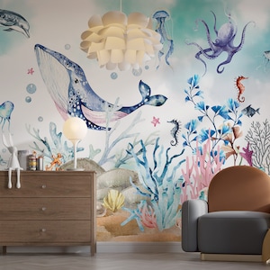 Under the Sea Wallpaper - Fishes Wall Mural - Coral Reef Wall Decor - Sea Life Mural - Colorful Underwater - Ocean Life - WIV 943