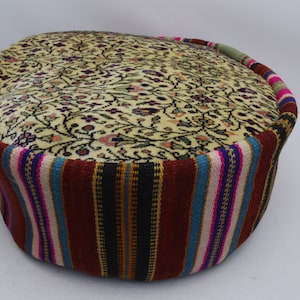 Turkish pillow pouf cover, Tribal pillow, Handwoven kilim pouffe, Round Moroccan style pouf, Garden decor, 20x20 height 10 inches No 305