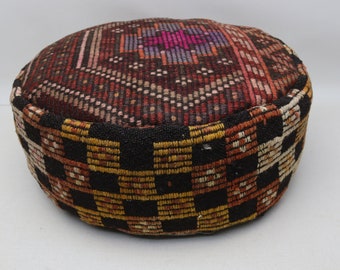 Ethnic pouf, Round camping pouf, Beanbag, Ottoman cushion, Turkish kilim pillow pouf, Circle floor pillow cover 20x20 height 10 inch No 423
