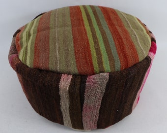 Round pouf, Kilim beanbag, Footstool, Oriental pillow, Camping pillow, Ottoman pouf, Boho decor, Pillow cover 20x20 height 10 inches No:20