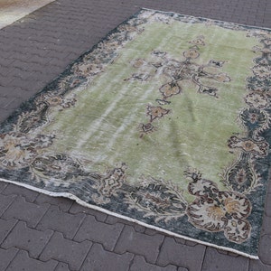 Turkish large rug, Vintage area rug, Livingroom rug, Handmade rug, Natural rug, Green rug, Bohemian rug, Oushak rug, 5.9 x 10.3 ft TR2797