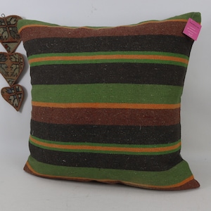 Turkish kilim pillow, Organic wool pillow, Handwoven wool pillow, Floor pillow, Striped kilim pillow, 28x28 kilim pillow cover, no 204