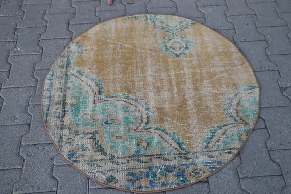 bathroom rug, turkish rug, small area rug, handknotted rug, doormat rug, aztec rug , circle area rug  FREE SHIPPING 3.2 x 3.2 ft TR0942