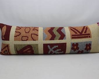 Kilim lumbar pillow, Handmade pillow, Euro sham pillow, Turkish kilim pillow, Decorative kilim pillow, 16x48 inches pillow cover, code 554