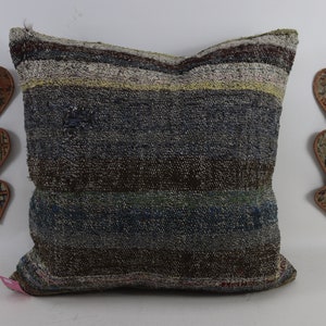 Turkish kilim pillow, Bohemian kilim pillow, Organic wool pillow, Tribal pillow, Striped kilim pillow, 28x28 kilim pillow cover, no 145