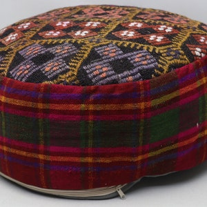 Turkish pillow pouf cover, Tribal pillow, Handwoven kilim pouffe, Round Moroccan style pouf, Garden decor, 20x20 height 10 inches No 439 zdjęcie 2