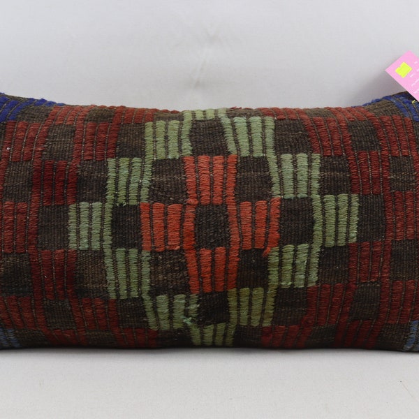 wool kilim pillow cover turkish throw pillow handmade sofa pillow lumbar pillow handwoven body pillow 12x24 kilim pillow cover code 1446