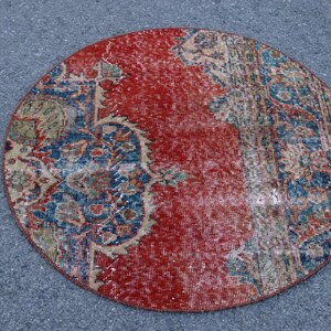 Turkish rug, Bathmat rug, Vintage rug, Wool rug, Blue rug, Boho decor rug, Small circle rug, Round rug, Oriental rug, 3.3 x 3.3 ft TR3322