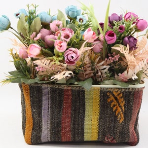 Bedroom decor, Turkish kilim basket, Kilim planter cover, Flower pot cover, Decorative plant case, Laundry decor, 7 x 15 inches no 372
