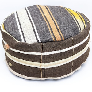 Turkish pillow pouf cover, Tribal pillow, Handwoven kilim pouffe, Round Moroccan style pouf, Garden decor, 20x20 height 10 inches No 528
