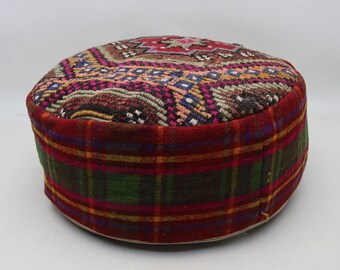 Turkish kilim pillow pouf, Tribal pillow, Handwoven kilim pouffe, Round Moroccan pouf cover, Garden decor pouf 20x20 height 10 inches No 440